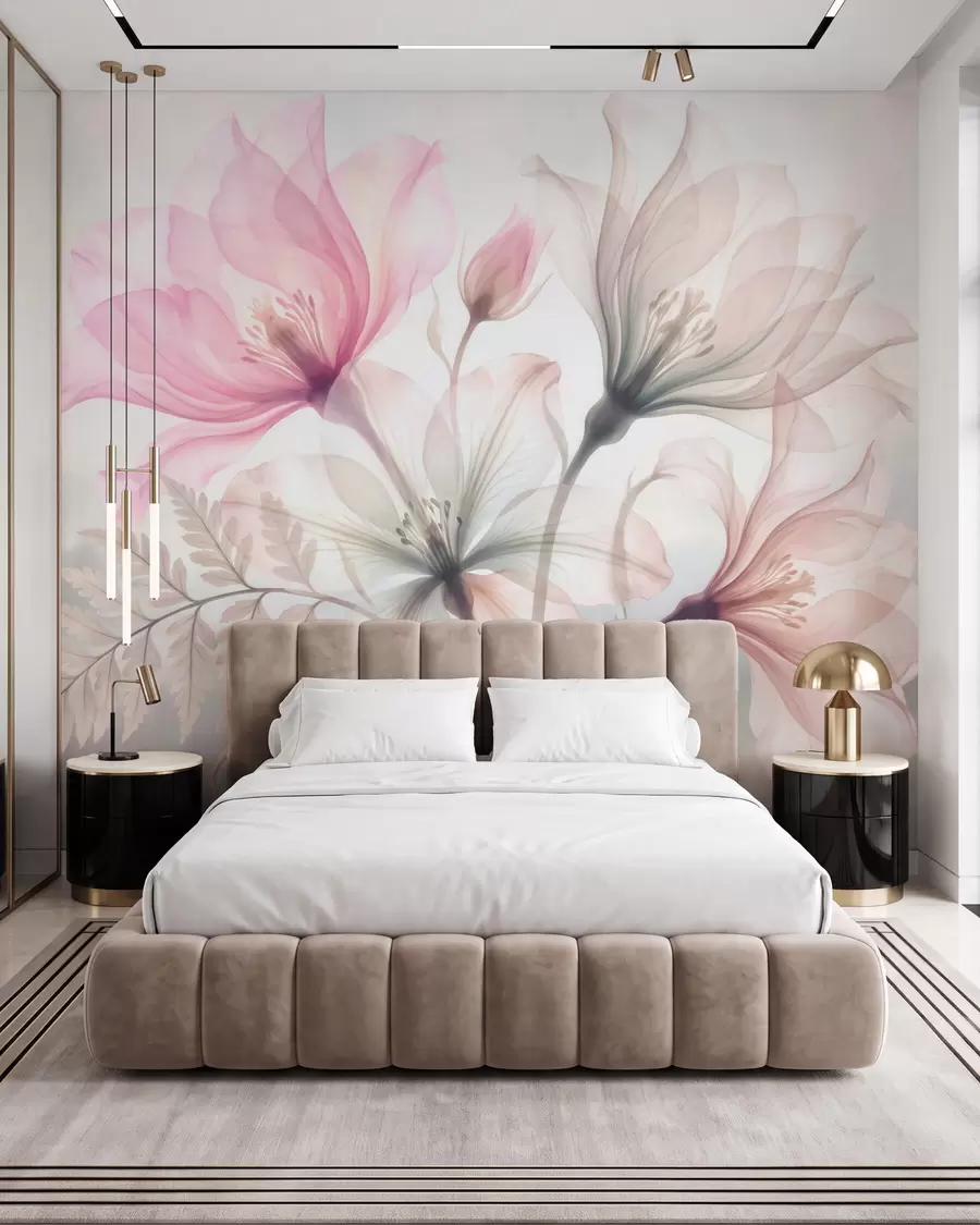 murales de pared Delicadas flores en tonos rosa y azul pastel, con estilo de acuarela w10009