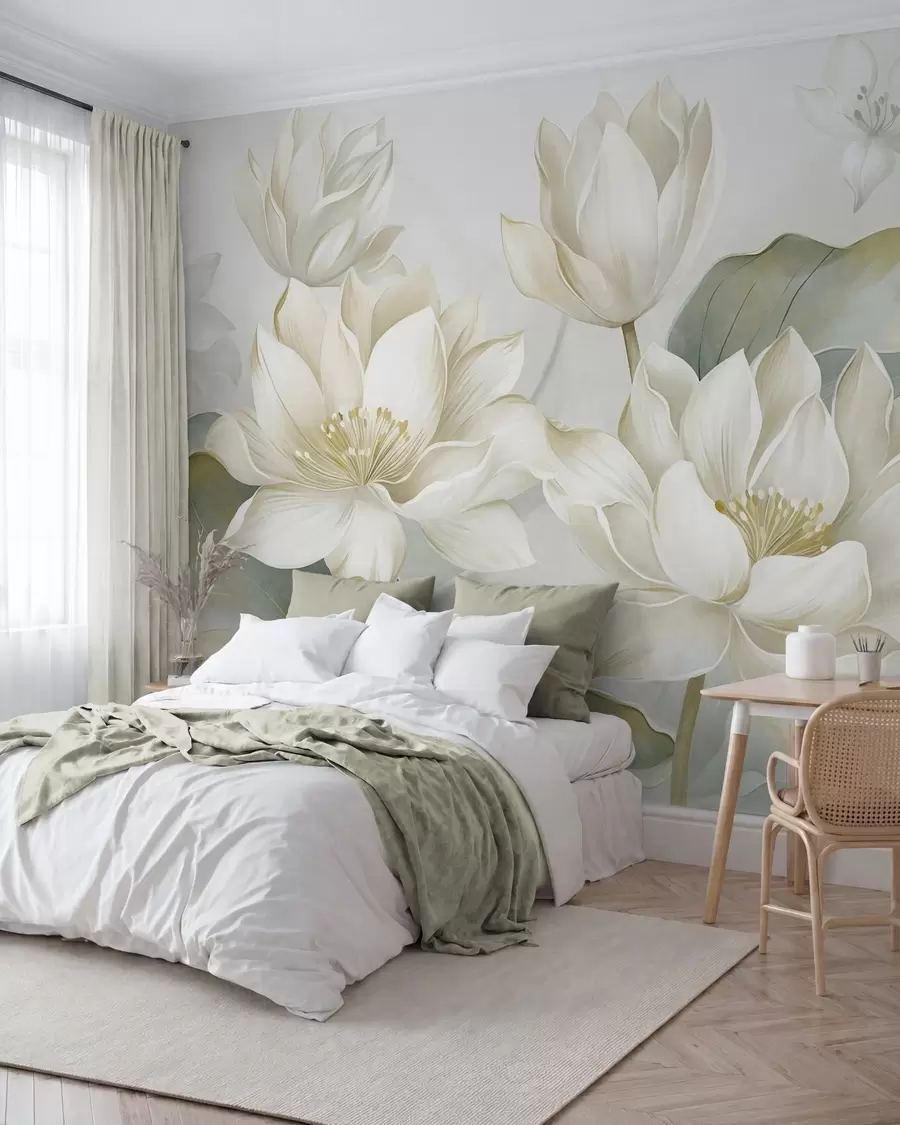 murales de pared Flores de loto con textura y pétalos delicados, y hojas grandes de color verde apagado w10027