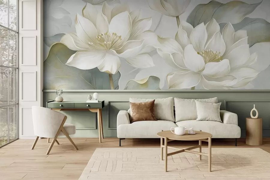 murales de pared Flores de loto con textura y pétalos delicados, y hojas grandes de color verde apagado w10027