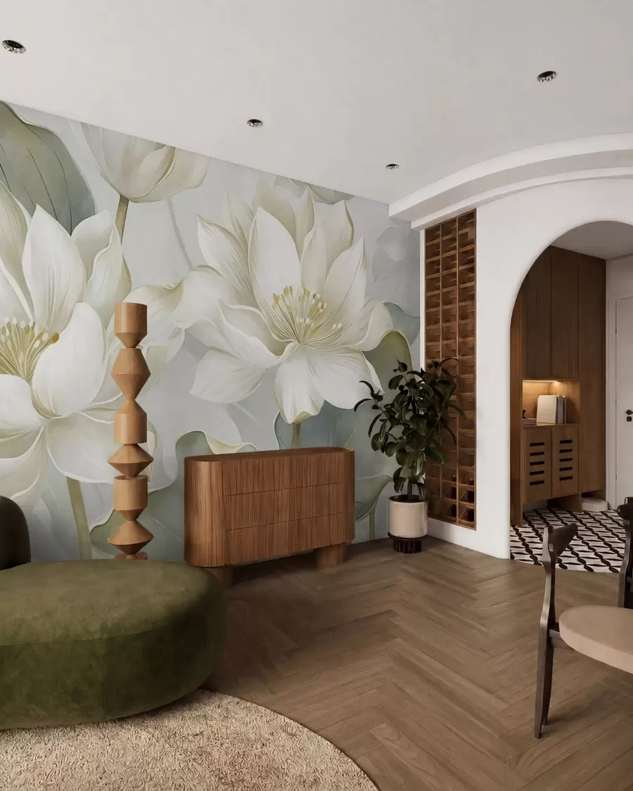 murales de pared Flores de loto con textura y pétalos delicados, y hojas grandes de color verde apagado w10027