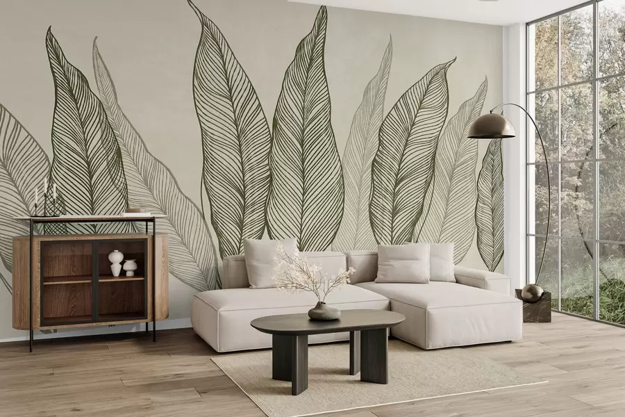 murales de pared Hojas verdes estilizadas con detalles de líneas intrincadas sobre un fondo beige; ilustración con textura w10030