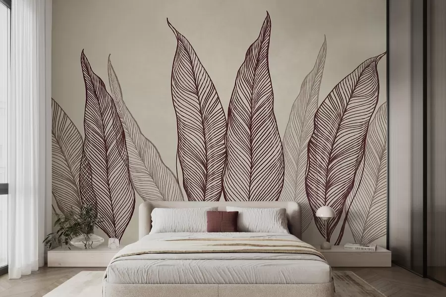 murales de pared Hojas de color burdeos estilizadas con detalles de líneas intrincadas sobre un fondo beige, obra de arte con textura w10030v1