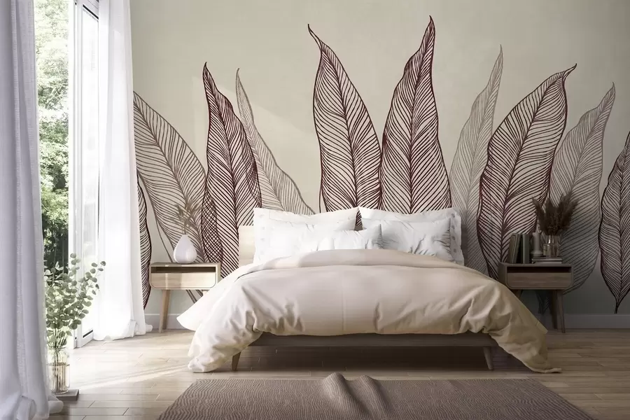 murales de pared Hojas de color burdeos estilizadas con detalles de líneas intrincadas sobre un fondo beige, obra de arte con textura w10030v1