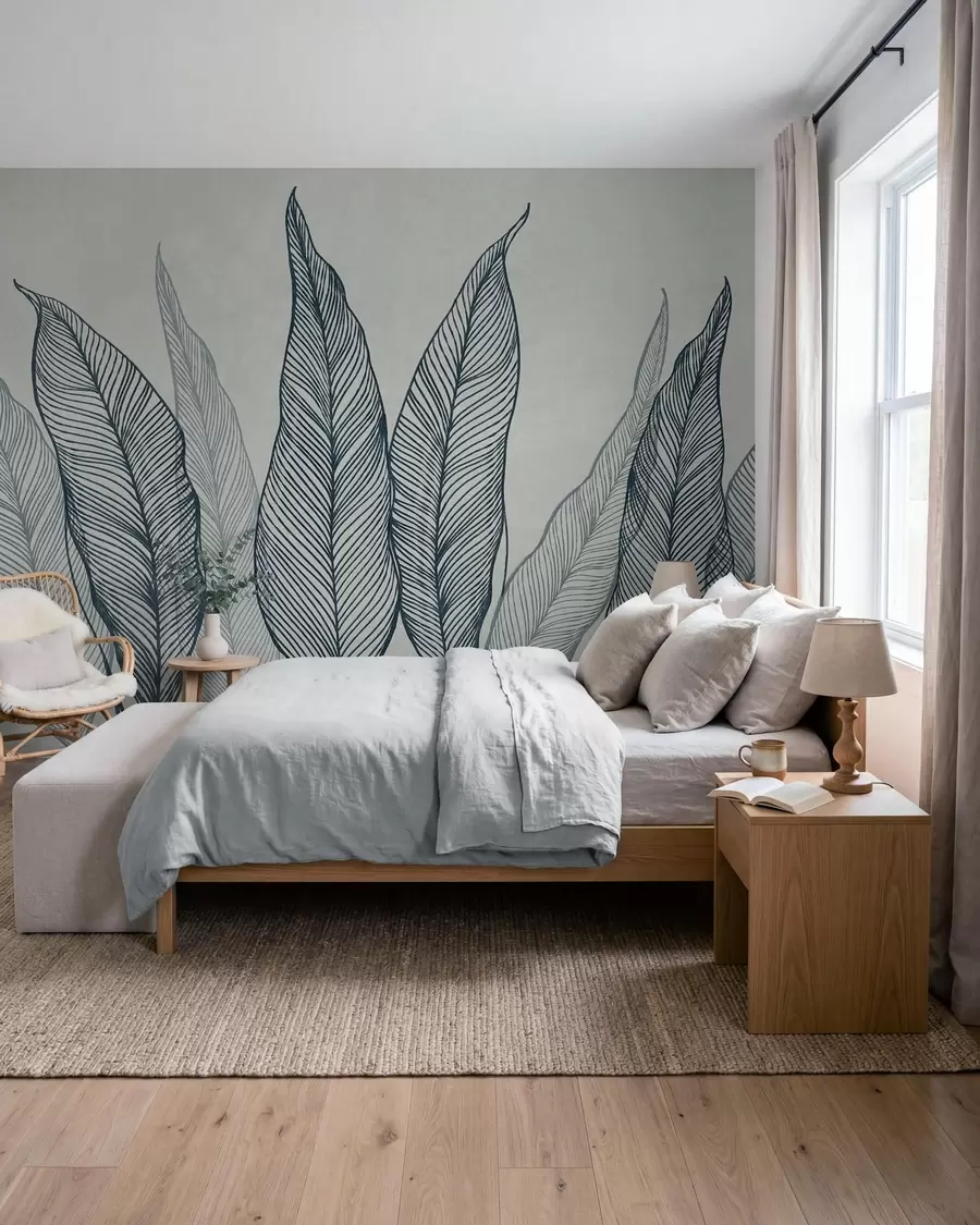 murales de pared Hojas azules estilizadas con detalles de líneas intrincadas sobre un fondo gris, diseño con textura w10030v3