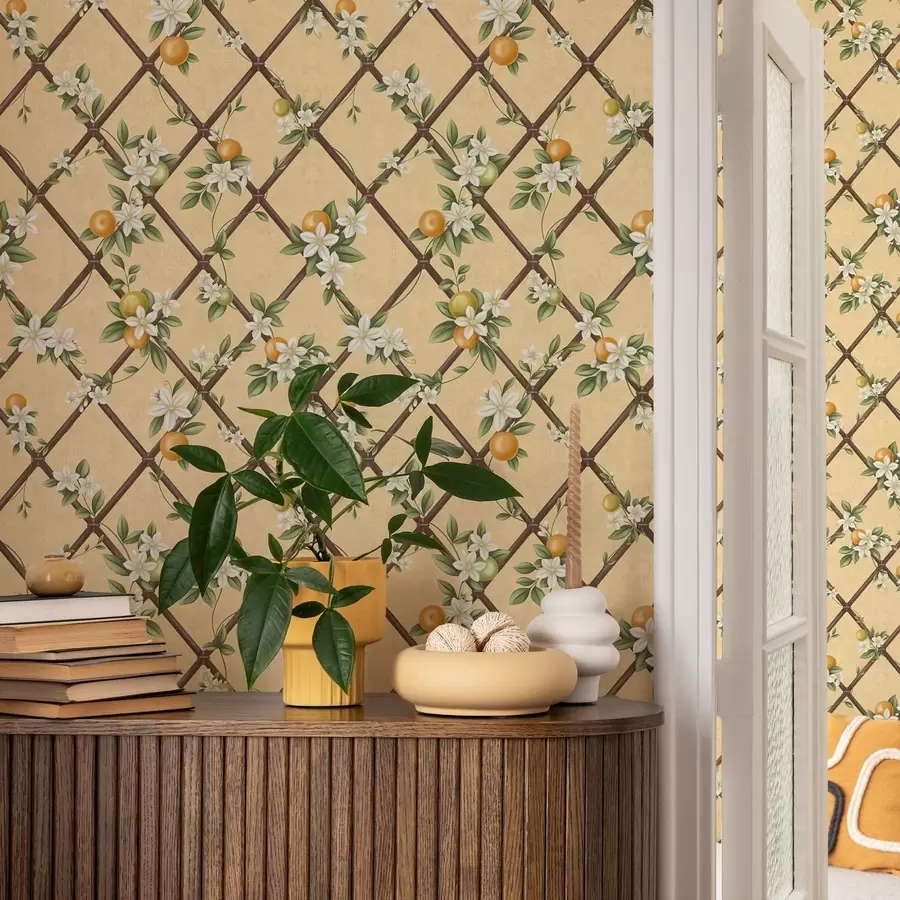 murales de pared Flores y cítricos sobre un fondo color crema con un enrejado a01261v2