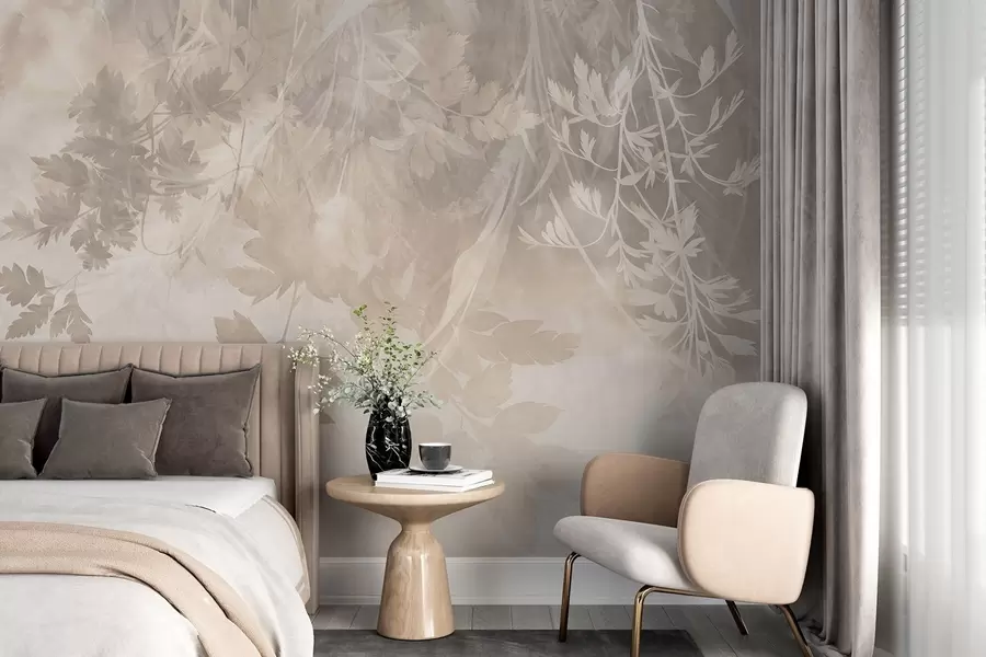 murales de pared Hojas y ramas con textura sobre un fondo beige suave y apagado w10020