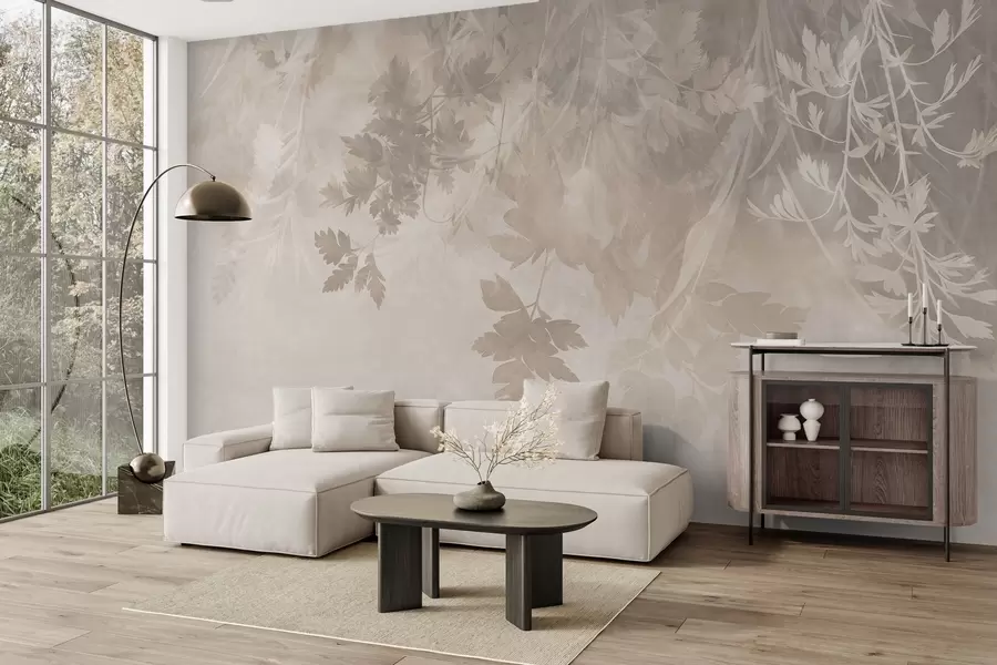murales de pared Hojas y ramas con textura sobre un fondo beige suave y apagado w10020
