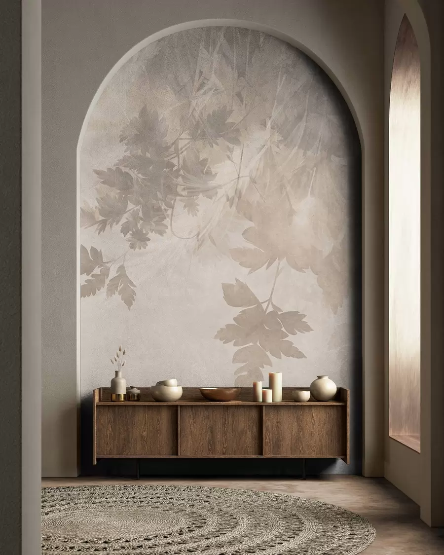 murales de pared Hojas y ramas con textura sobre un fondo beige suave y apagado w10020
