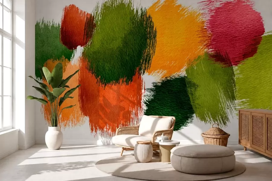 murales de pared Trazos abstractos en verde, naranja y rosa w05859