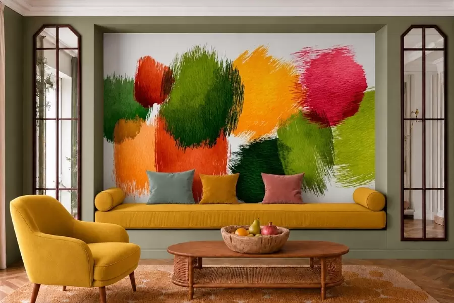 murales de pared Trazos abstractos en verde, naranja y rosa w05859