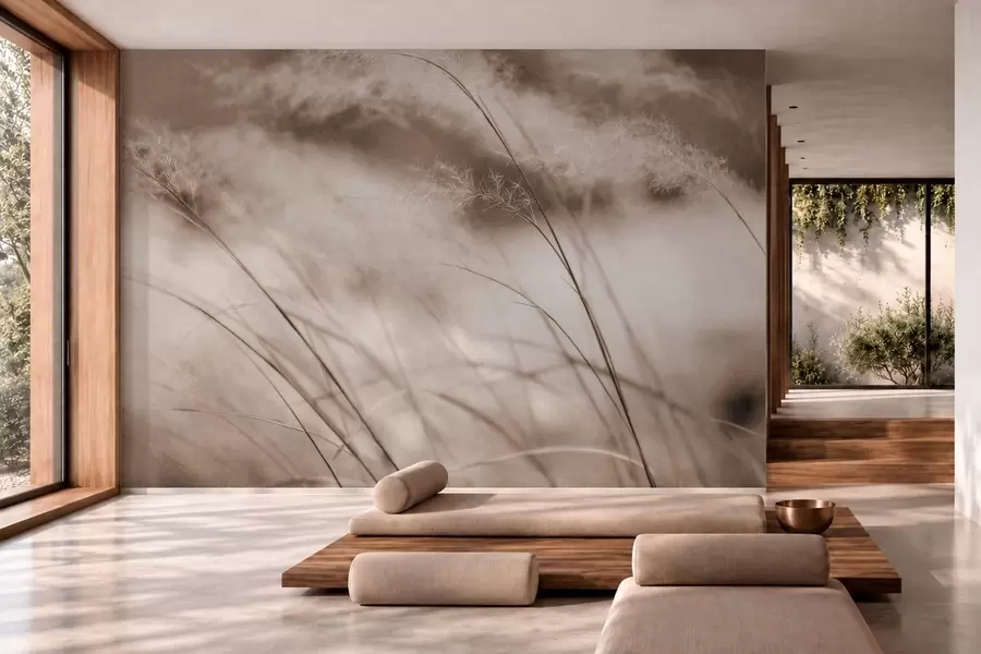 murales de pared Hierbas esbeltas y flores plumosas en tonos beige w05886v2