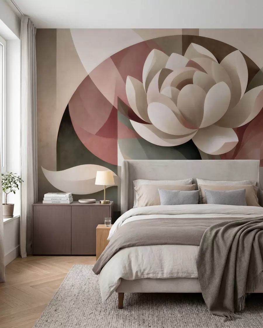 murales de pared Gran flor abstracta realizada con una técnica geométrica facetada, en una paleta de colores apagados que van del empolvado al esmeralda. w10035