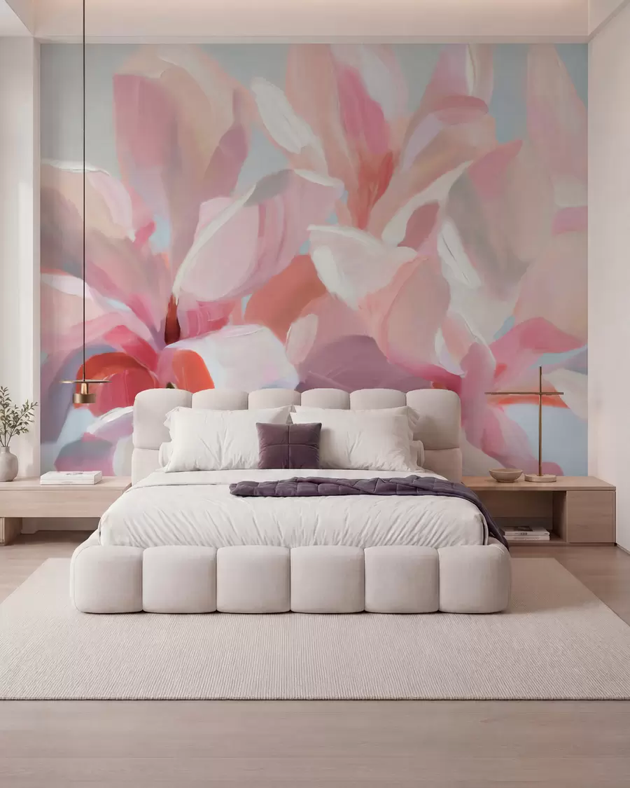 murales de pared Primer plano de una magnolia rosa, imitación de una técnica pictórica suave w10043