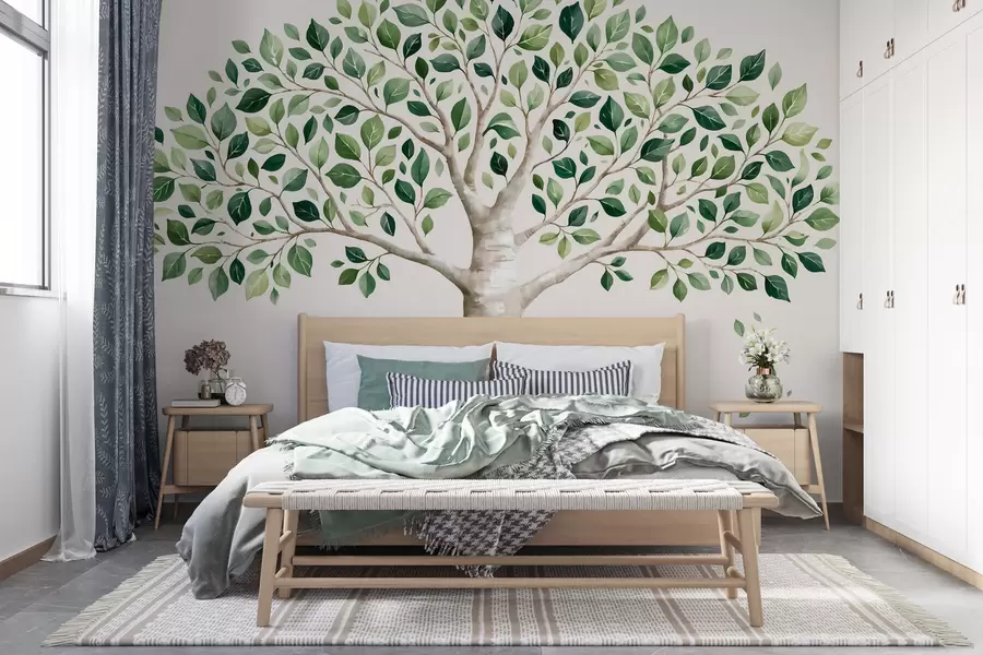 murales de pared Árbol con follaje verde, estilo acuarela, minimalista w10046