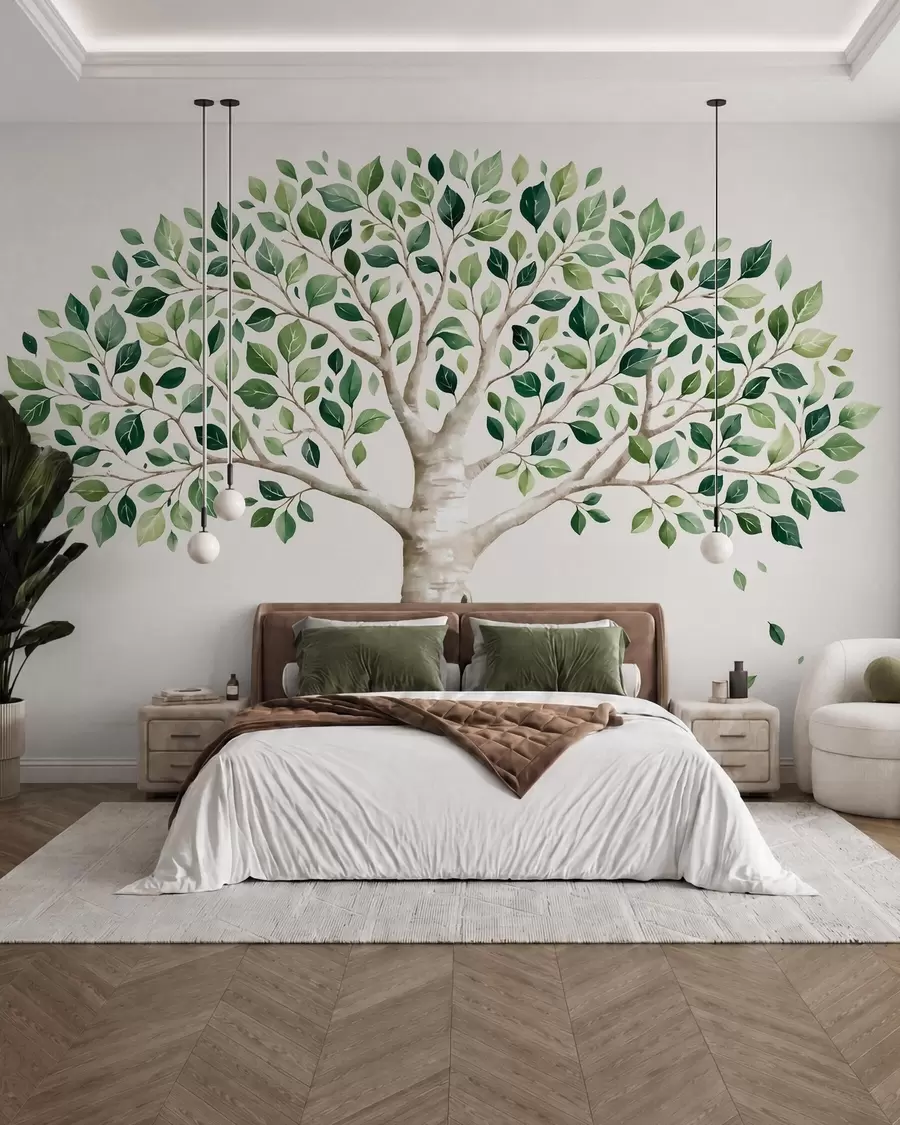 murales de pared Árbol con follaje verde, estilo acuarela, minimalista w10046