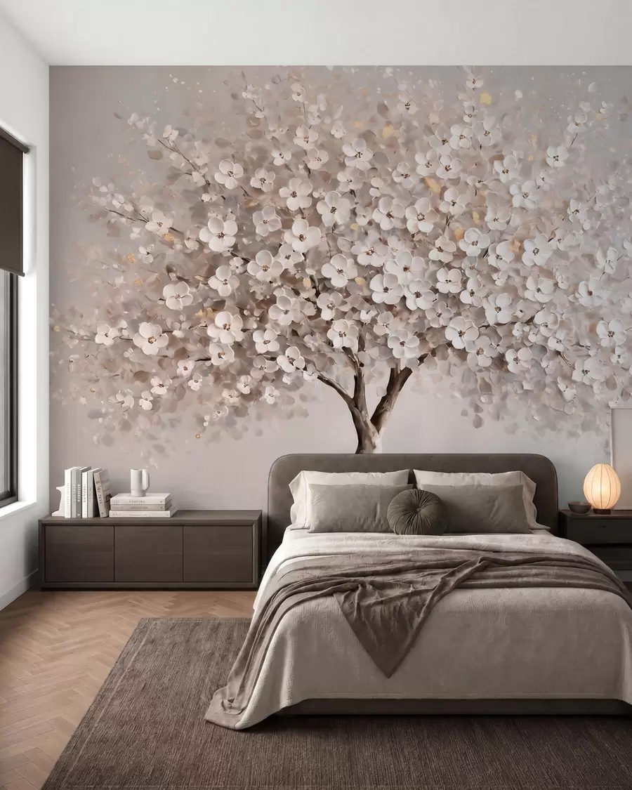 murales de pared Árbol en tonos pastel, de estilo pictórico al óleo, con pinceladas marcadas w10050