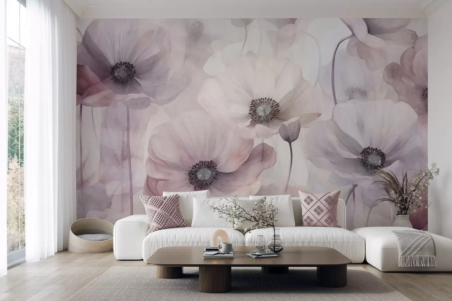 murales de pared Amapolas de color rosa pálido y blanco con pétalos delicados w10029v1