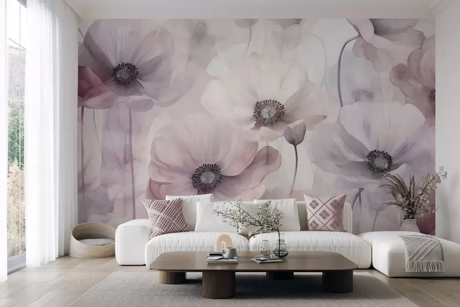murales de pared Amapolas de color rosa pálido y blanco con pétalos delicados w10029v1