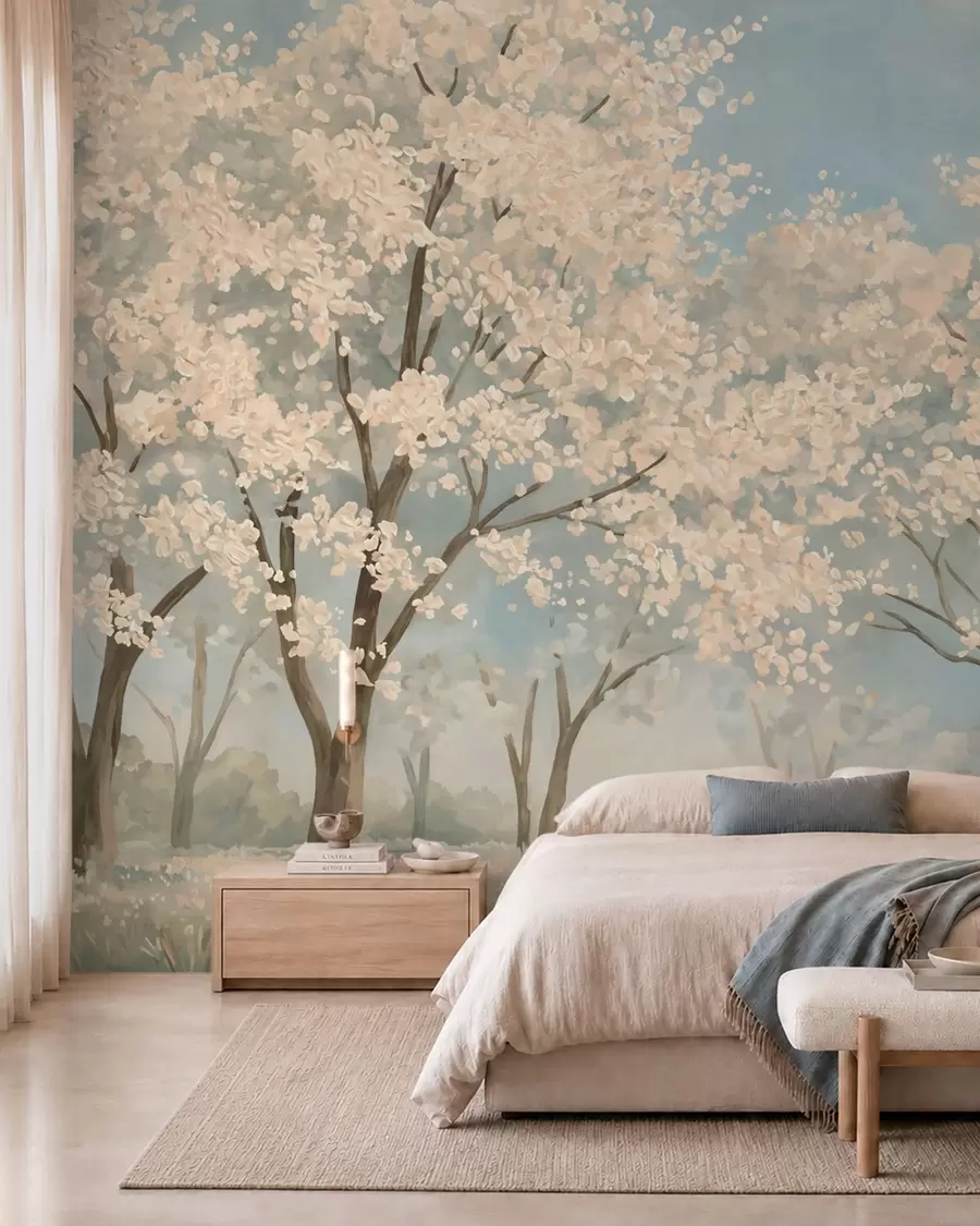 murales de pared Árboles pálidos en flor bajo un cielo azul claro w05897v1
