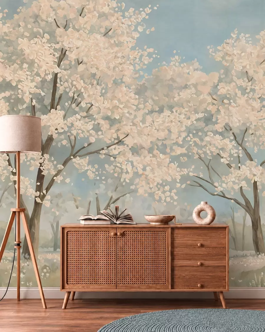 murales de pared Árboles pálidos en flor bajo un cielo azul claro w05897v1