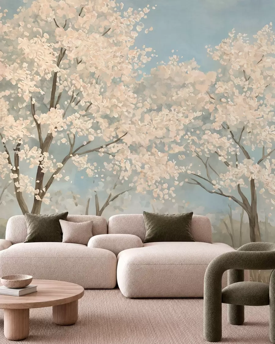 murales de pared Árboles pálidos en flor bajo un cielo azul claro w05897v1