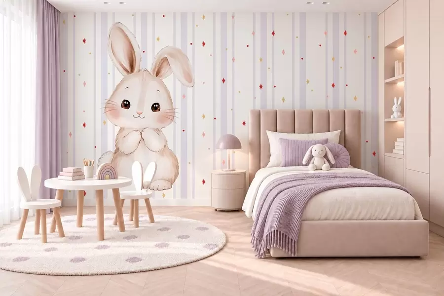 murales de pared Un conejito muy mono sobre un fondo de rayas lilas y estrellas brillantes w05920v1