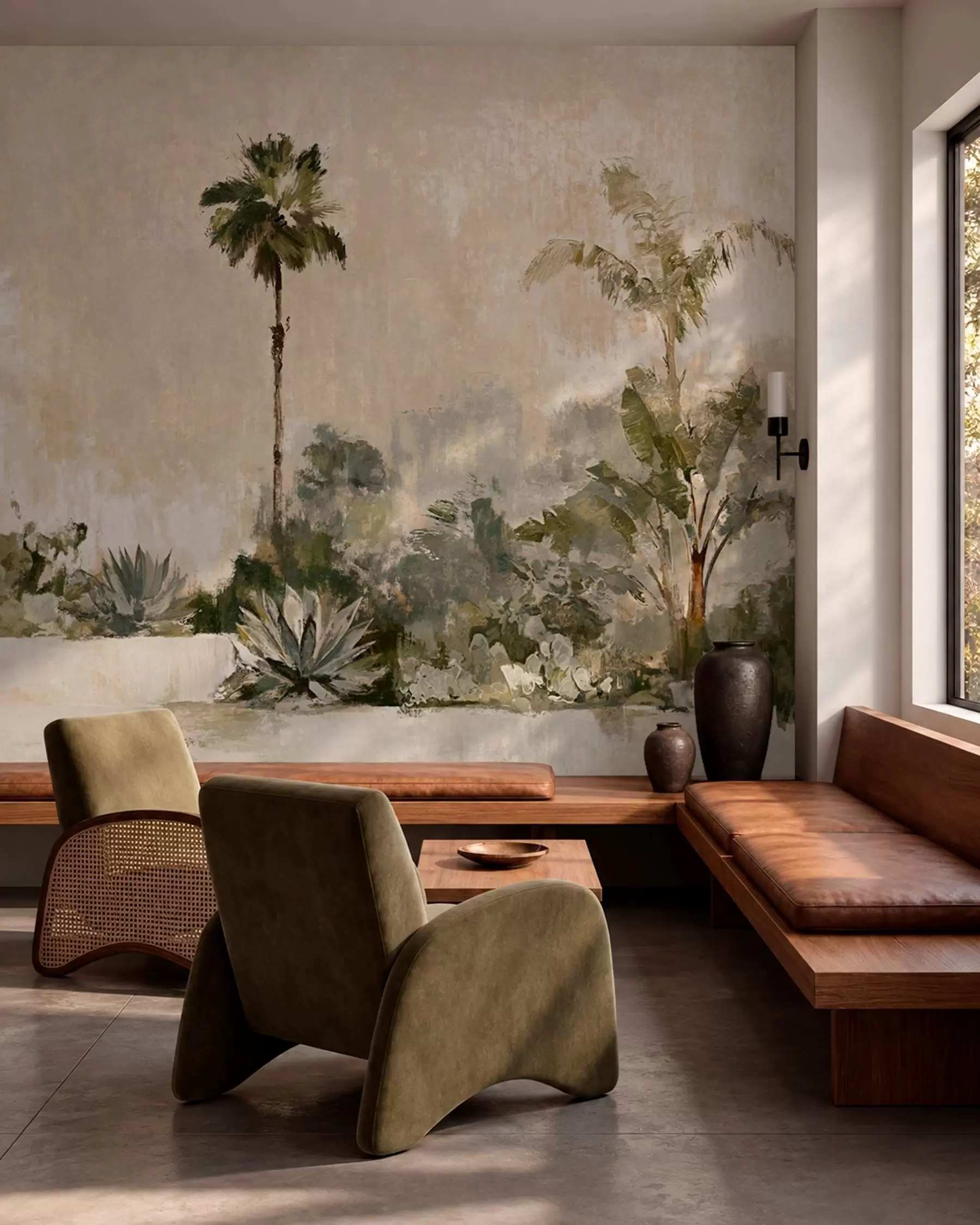 murales de pared Jardín tropical con palmeras y plantas de hojas grandes w05921v1