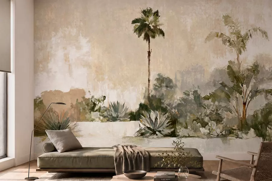 murales de pared Jardín tropical con palmeras y plantas de hojas grandes w05921v1