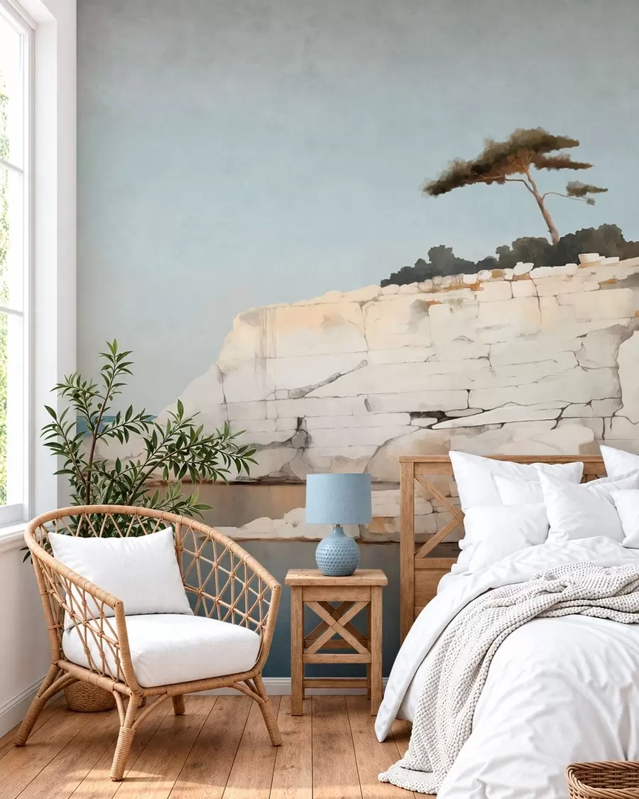 murales de pared Acantilados pálidos junto a un mar en calma, con un árbol solitario w05922