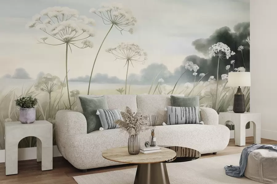 murales de pared Paisaje con flores silvestres y hierbas altas en un campo, colores apagados, con textura w10032