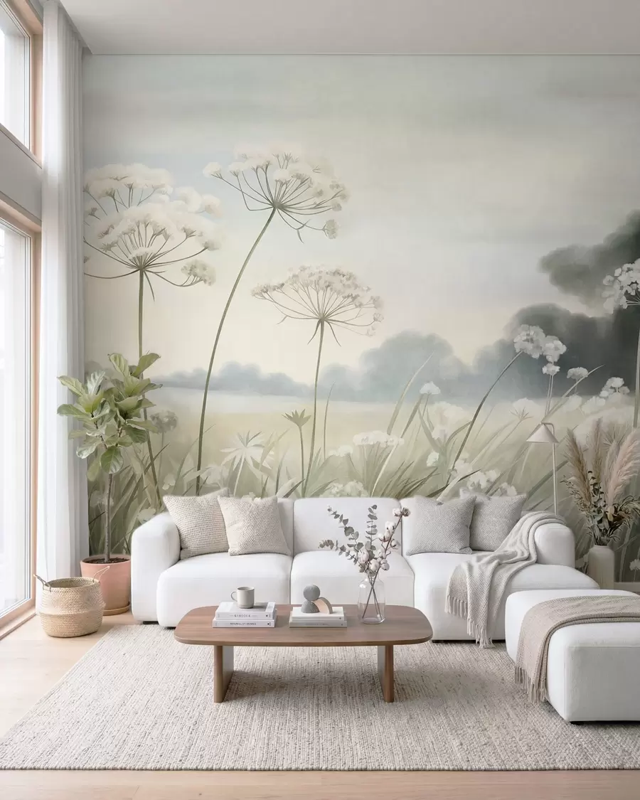 murales de pared Paisaje con flores silvestres y hierbas altas en un campo, colores apagados, con textura w10032