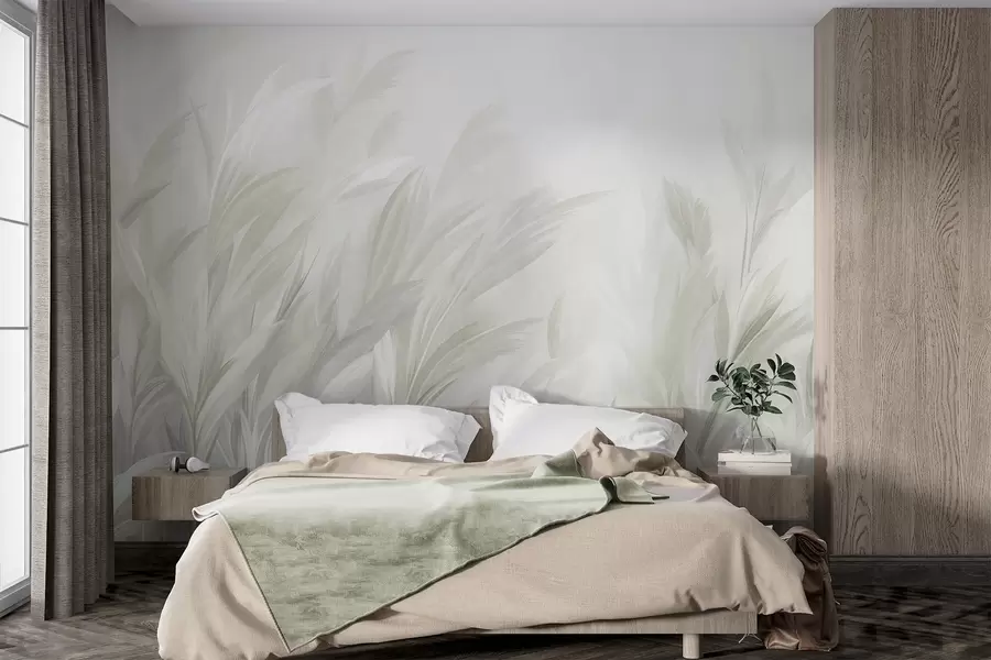 murales de pared Hierba alta y plumosa en suaves tonos verde pastel, con un fondo de textura ligera w10060v1