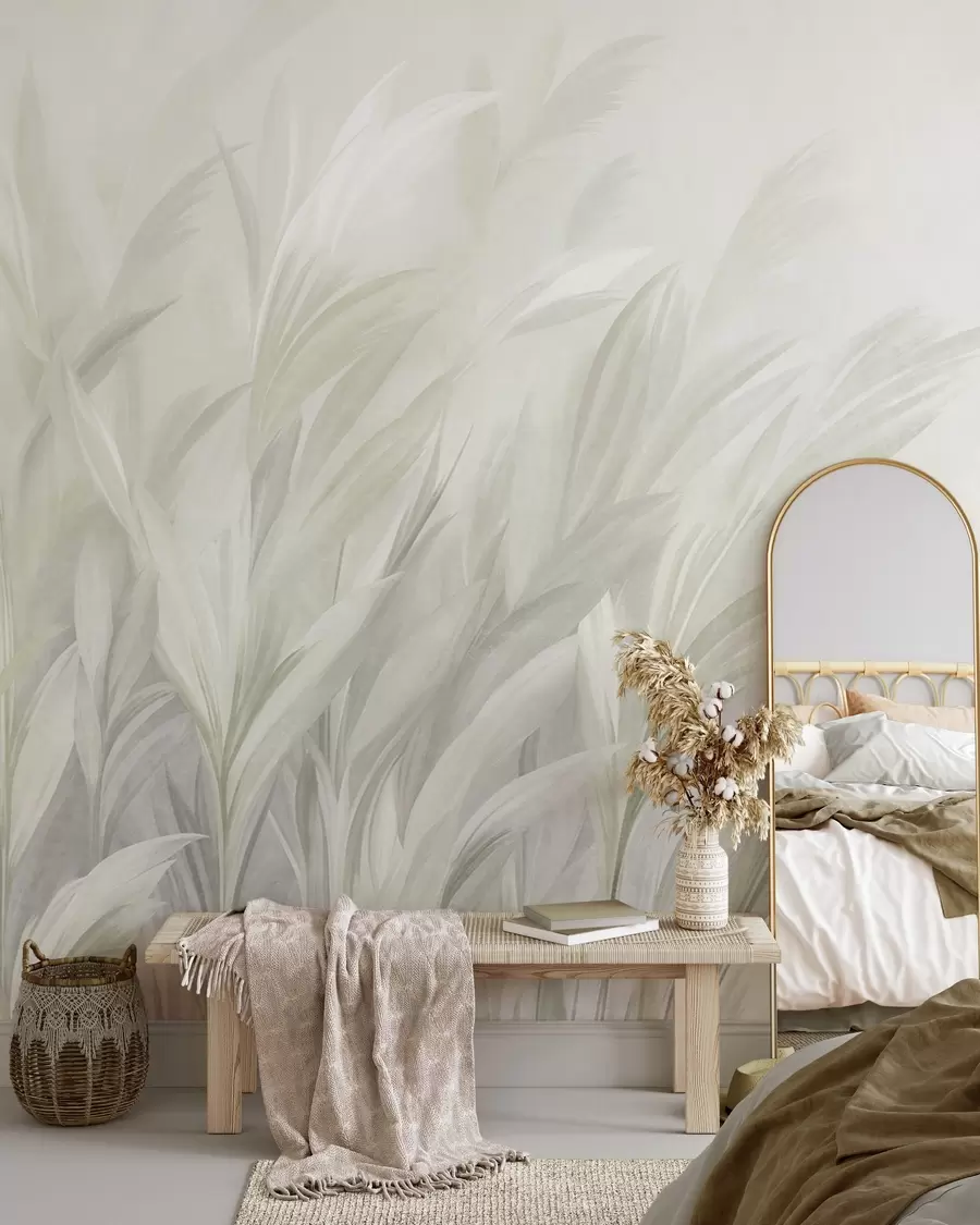 murales de pared Hierba alta y plumosa en suaves tonos verde pastel, con un fondo de textura ligera w10060v1