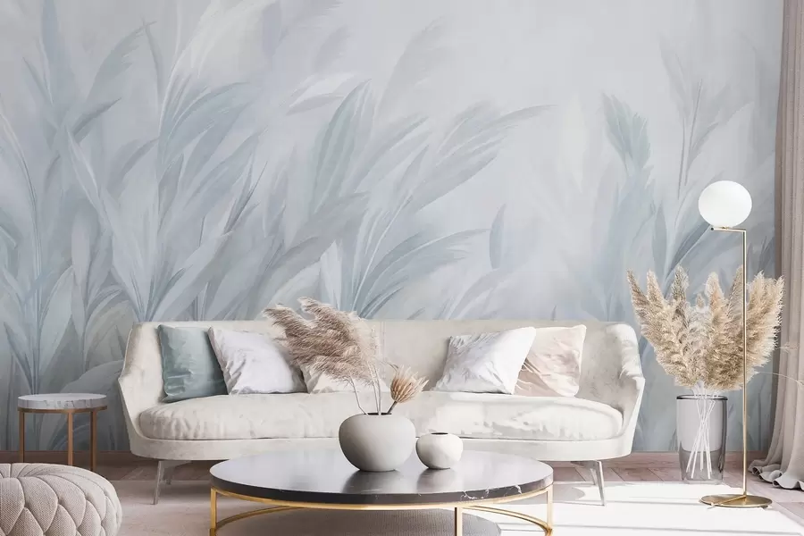 murales de pared Hierba alta y plumosa en suaves tonos azul pastel, con un fondo de textura ligera w10060v2