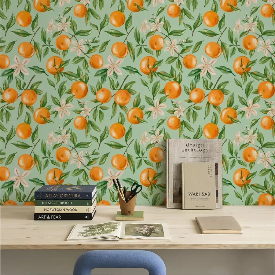 murales de pared Naranjas, hojas verdes y flores blancas sobre un fondo color menta a01262