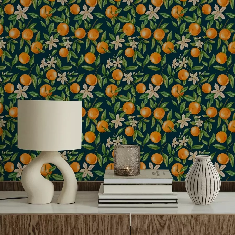 murales de pared Naranjas, hojas verdes y flores blancas sobre un fondo oscuro a01262v3