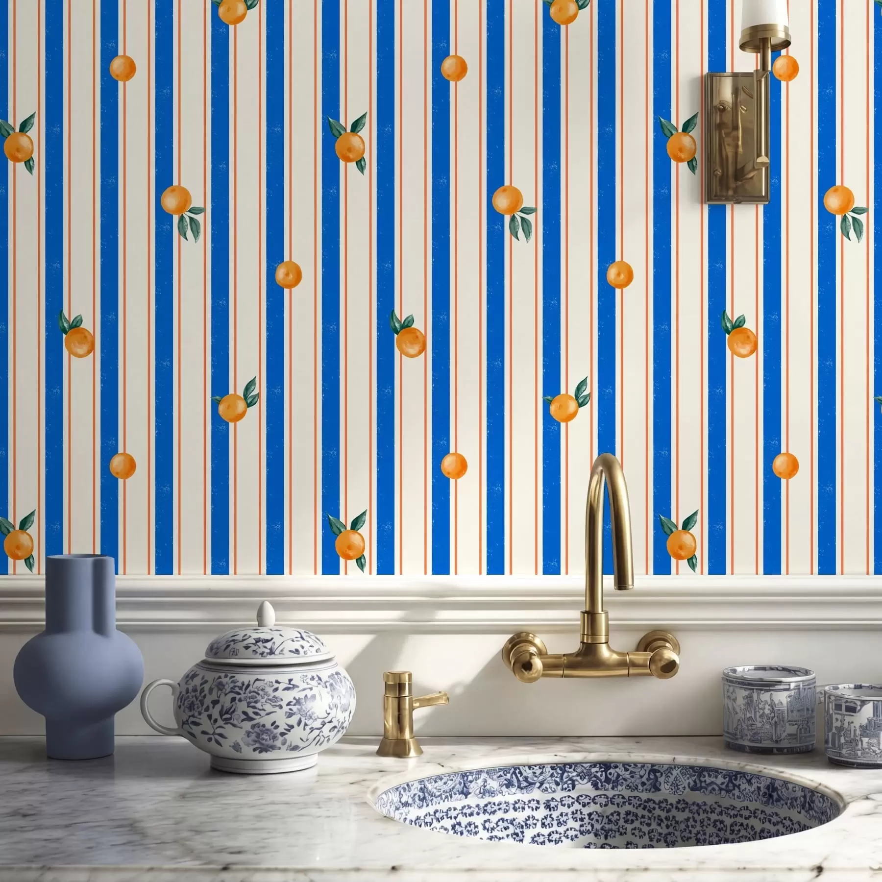 murales de pared Fruta de color naranja sobre rayas azules y crema a01263