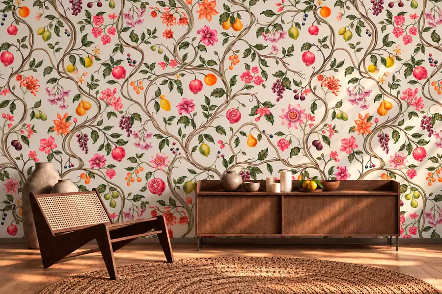 murales de pared Ramas entrelazadas con flores, frutos y hojas verdes w05862