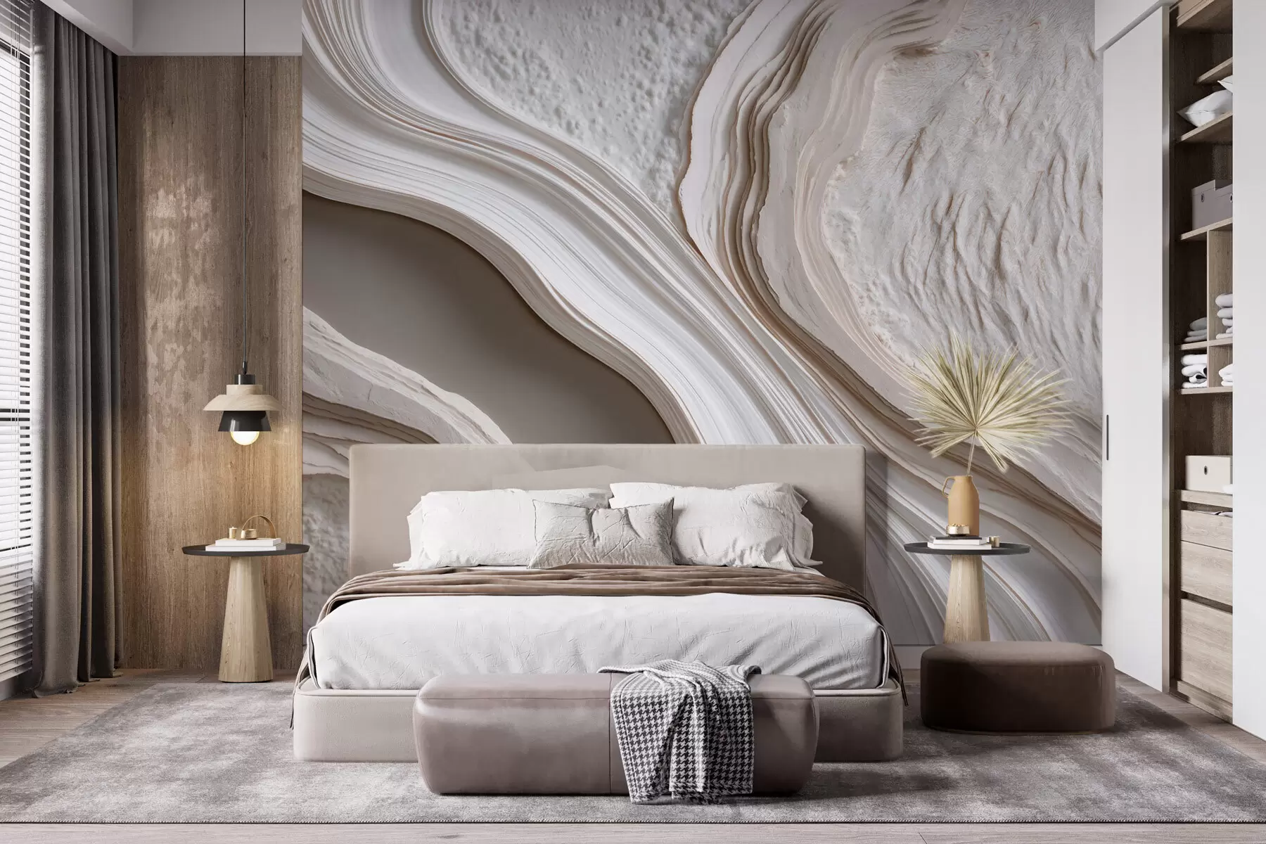 murales de pared Imitación de yeso con textura ondulada en tonos crema-beige con efecto 3D w10042