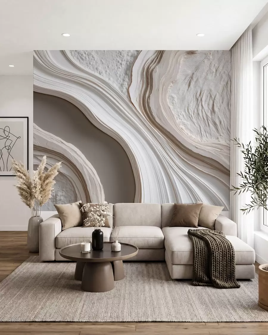 murales de pared Imitación de yeso con textura ondulada en tonos crema-beige con efecto 3D w10042