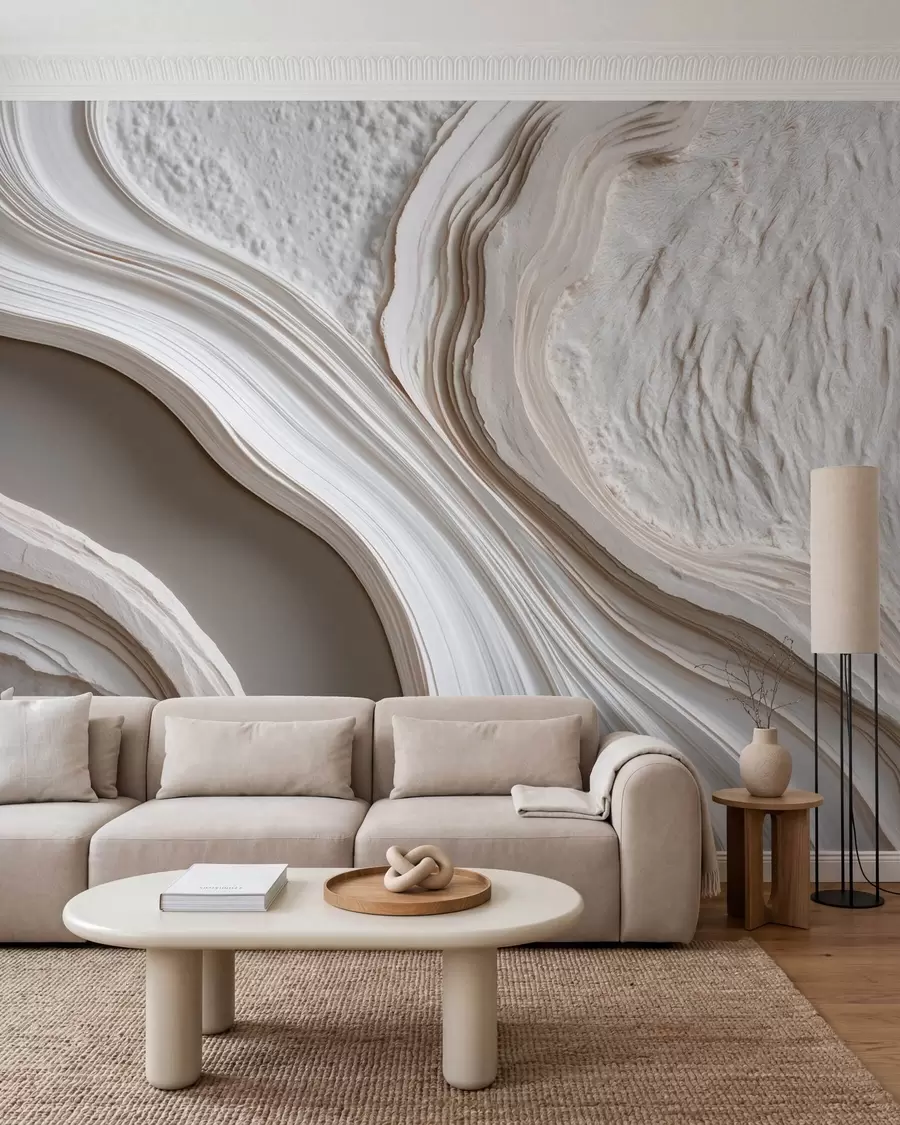 murales de pared Imitación de yeso con textura ondulada en tonos crema-beige con efecto 3D w10042