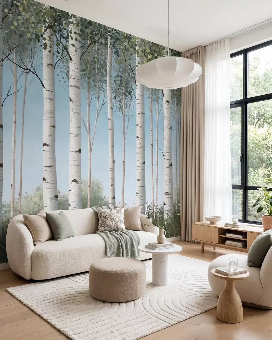 murales de pared Bosquecillo de abedules con troncos blancos recortados contra un cielo azul, al estilo de la acuarela w10047