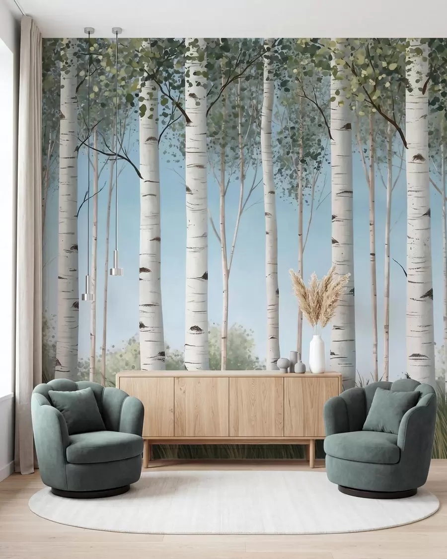 murales de pared Bosquecillo de abedules con troncos blancos recortados contra un cielo azul, al estilo de la acuarela w10047