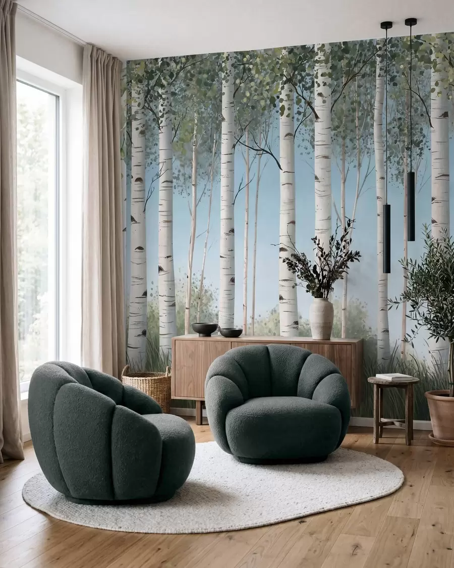murales de pared Bosquecillo de abedules con troncos blancos recortados contra un cielo azul, al estilo de la acuarela w10047