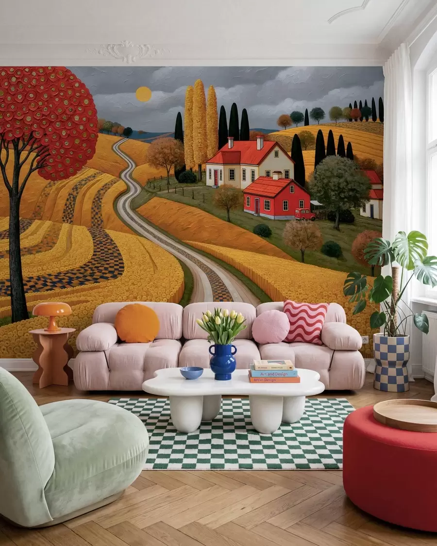 murales de pared Imitación de un pintoresco paisaje toscano pintado al óleo, con un árbol rojo, un camino sinuoso y una casa de campo w10049