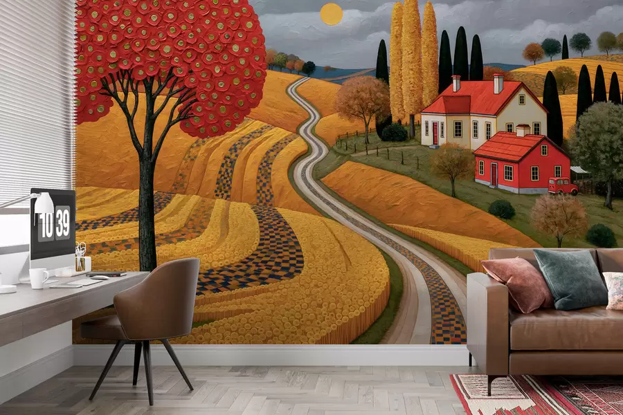 murales de pared Imitación de un pintoresco paisaje toscano pintado al óleo, con un árbol rojo, un camino sinuoso y una casa de campo w10049