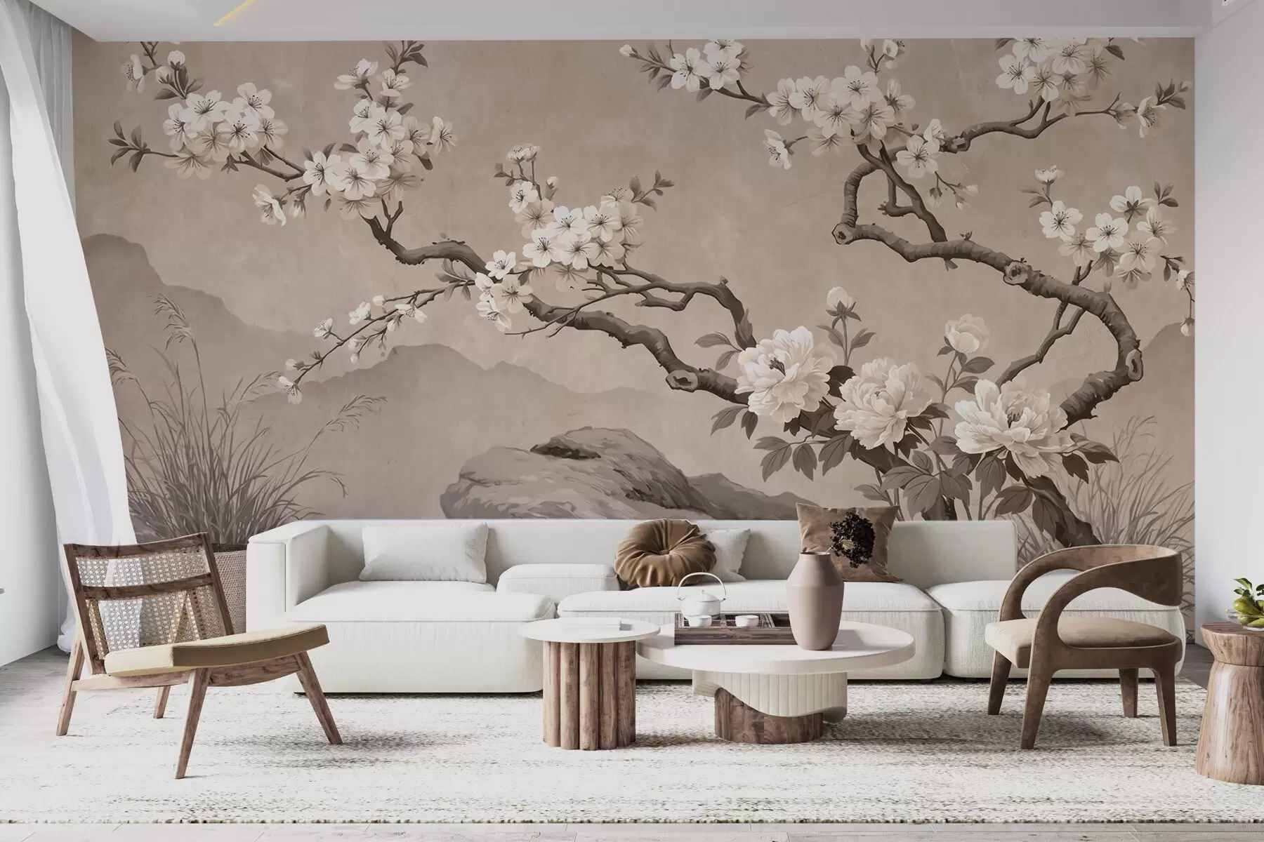 murales de pared Rama de cerezo en flor sobre rocas en tonos beige claro, al estilo de la pintura oriental w10052