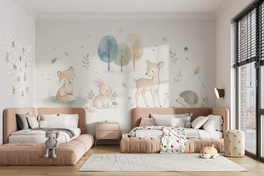 murales de pared Animales del bosque: zorro, conejito, cervatillo, erizo, en estilo acuarela w10068