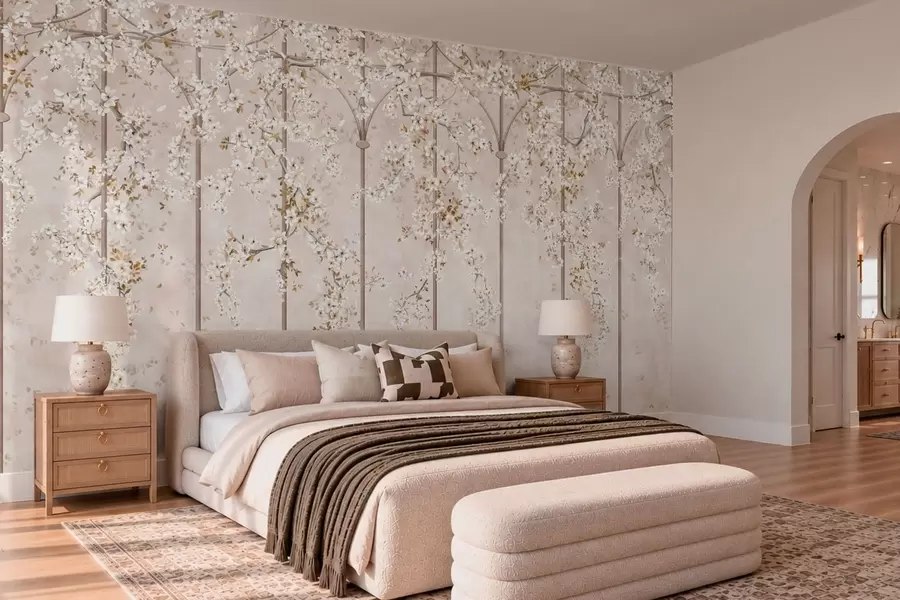 murales de pared Ramas blancas en flor sobre un enrejado decorativo w05923