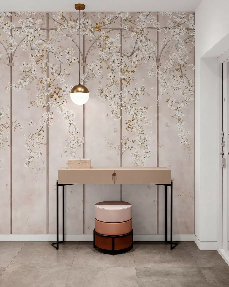 murales de pared Ramas blancas en flor sobre un enrejado decorativo w05923